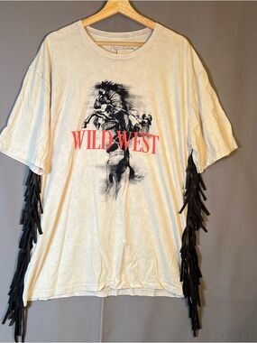 Wild West Graphic Fringe T-Shirt Dress  - Cream with Black & Red Print